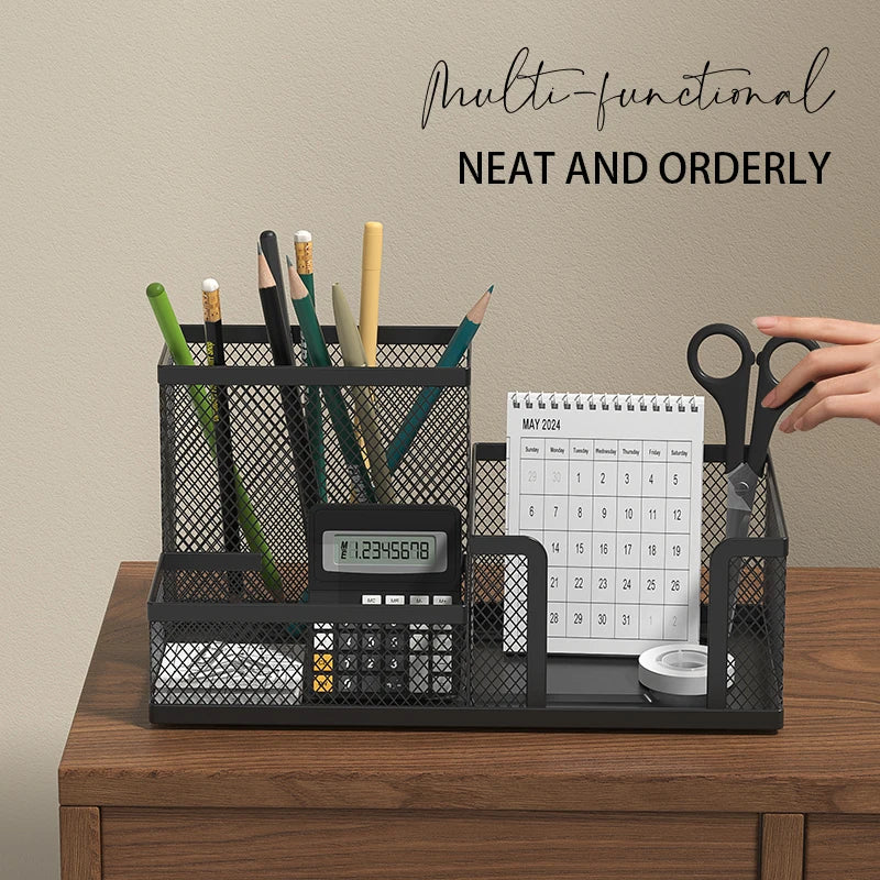 Metal Mesh Desk Organizer – Office Supplies Caddy with Pencil Holder & Storage Compartments