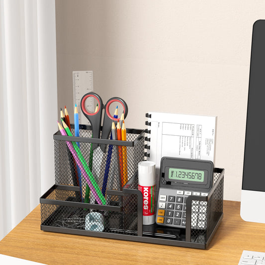 Metal Mesh Desk Organizer – Office Supplies Caddy with Pencil Holder & Storage Compartments