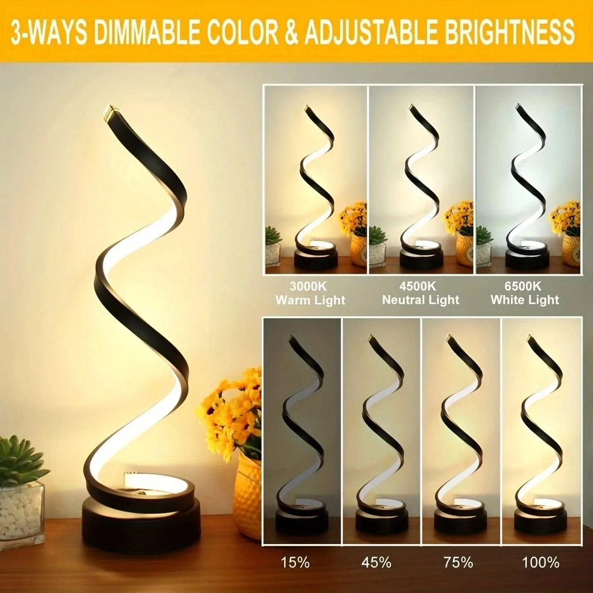 Modern Spiral LED Table Lamp – Dimmable Nightstand & Desk Light for Bedroom, Living Room, and Office