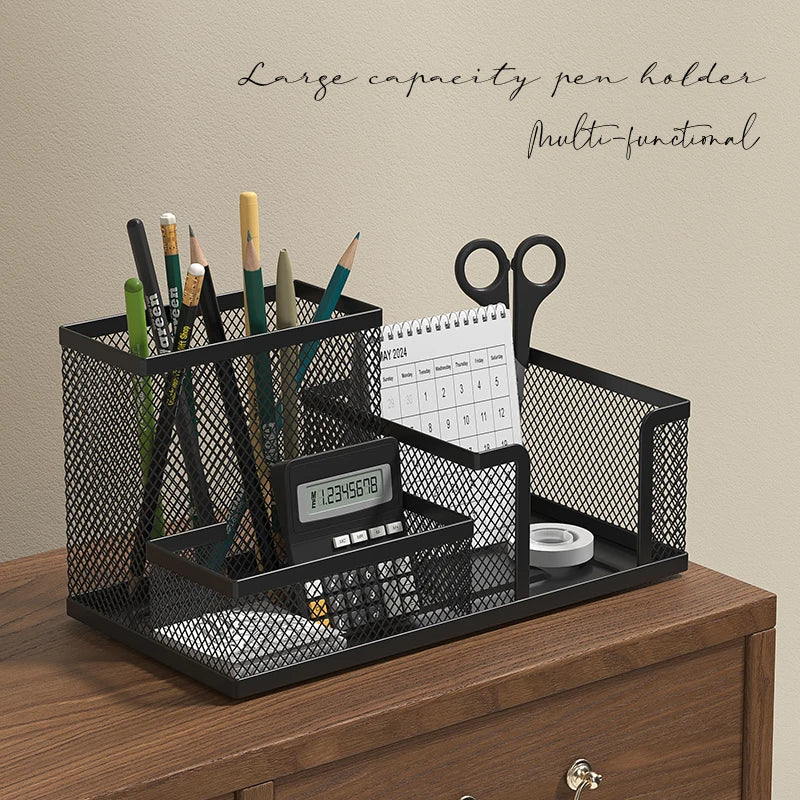 Metal Mesh Desk Organizer – Office Supplies Caddy with Pencil Holder & Storage Compartments
