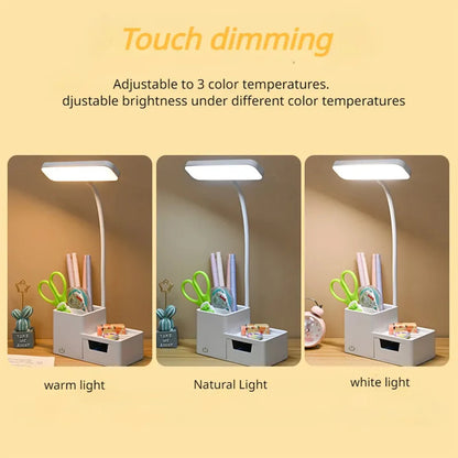 Foldable Touch LED Desk Lamp - 3 Levels Dimmable, USB Rechargeable, Eye-Care Light Phone holder & Organizer