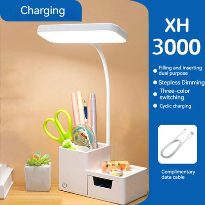 Foldable Touch LED Desk Lamp - 3 Levels Dimmable, USB Rechargeable, Eye-Care Light Phone holder & Organizer