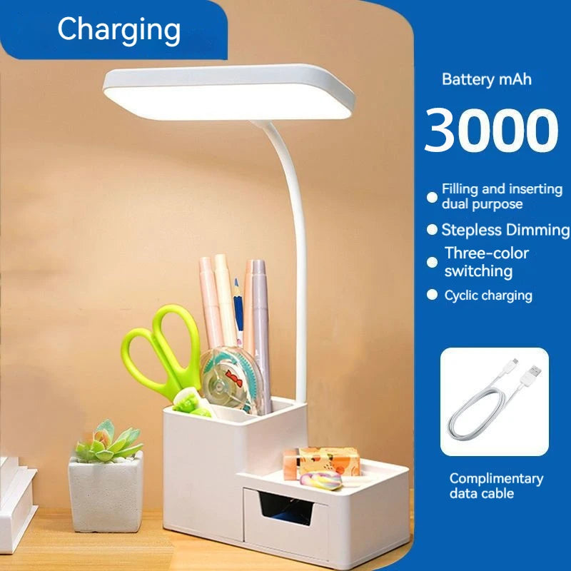 Foldable Touch LED Desk Lamp - 3 Levels Dimmable, USB Rechargeable, Eye-Care Light Phone holder & Organizer