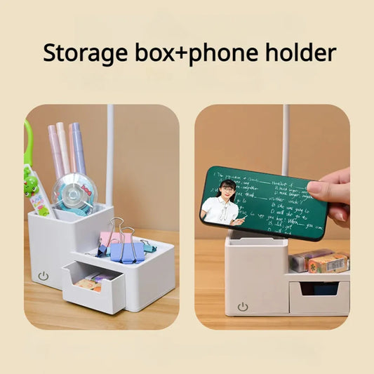 Foldable Touch LED Desk Lamp - 3 Levels Dimmable, USB Rechargeable, Eye-Care Light Phone holder & Organizer