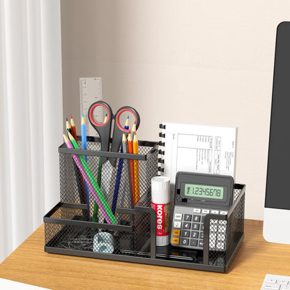 Metal Mesh Desk Organizer – Office Supplies Caddy with Pencil Holder & Storage Compartments