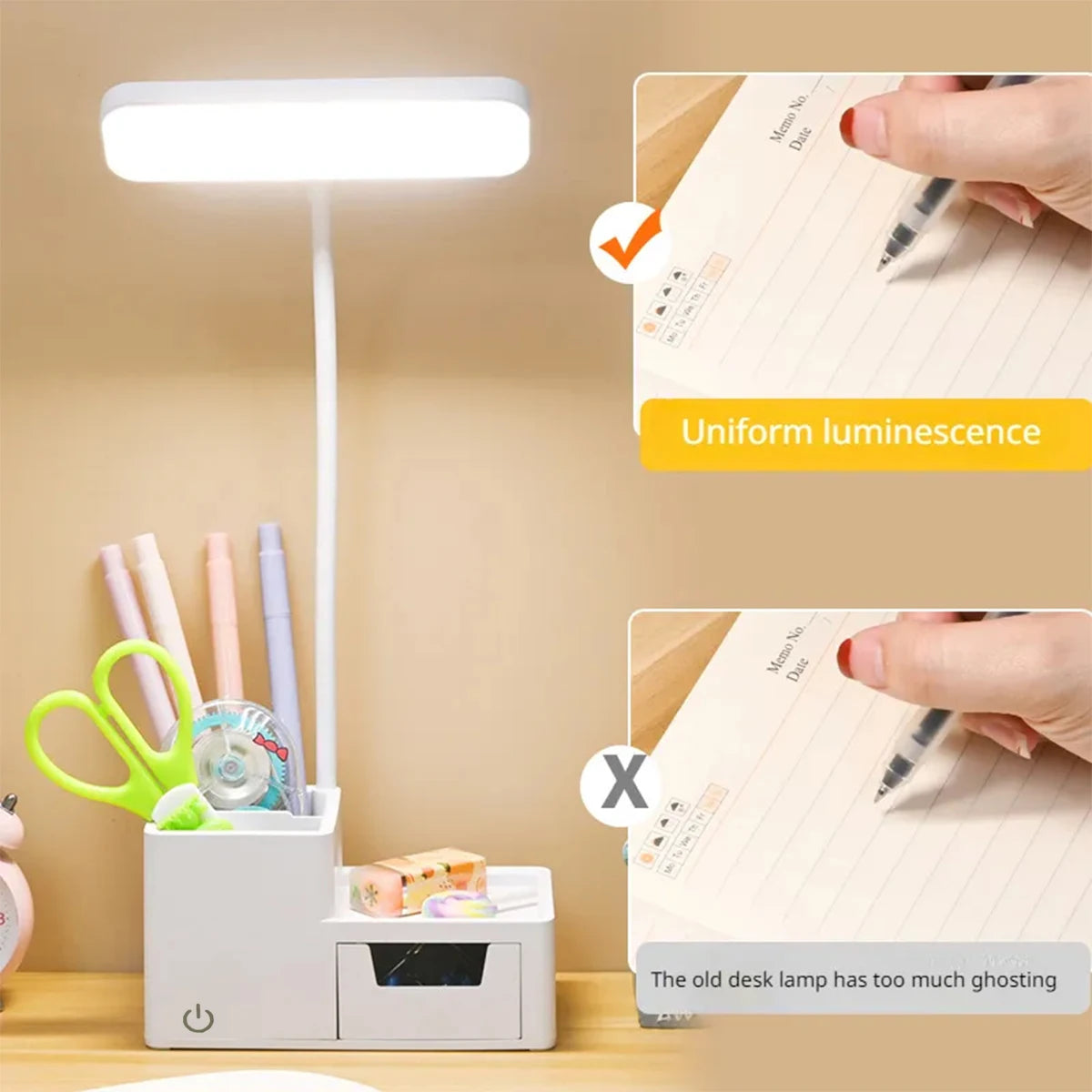 Foldable Touch LED Desk Lamp - 3 Levels Dimmable, USB Rechargeable, Eye-Care Light Phone holder & Organizer