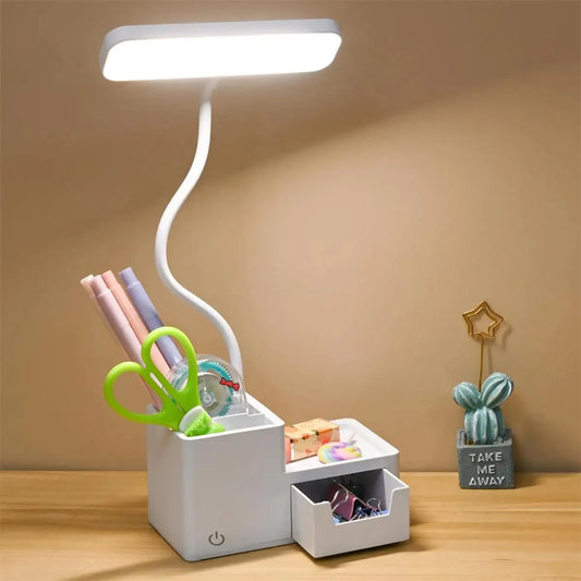 Foldable Touch LED Desk Lamp - 3 Levels Dimmable, USB Rechargeable, Eye-Care Light Phone holder & Organizer